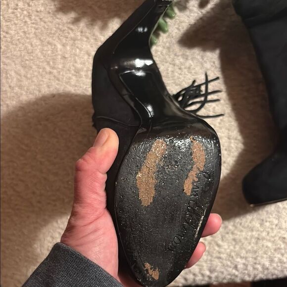 Sam Edelman Black Heeled Fringe Boots with gold trim - Picture 6 of 13